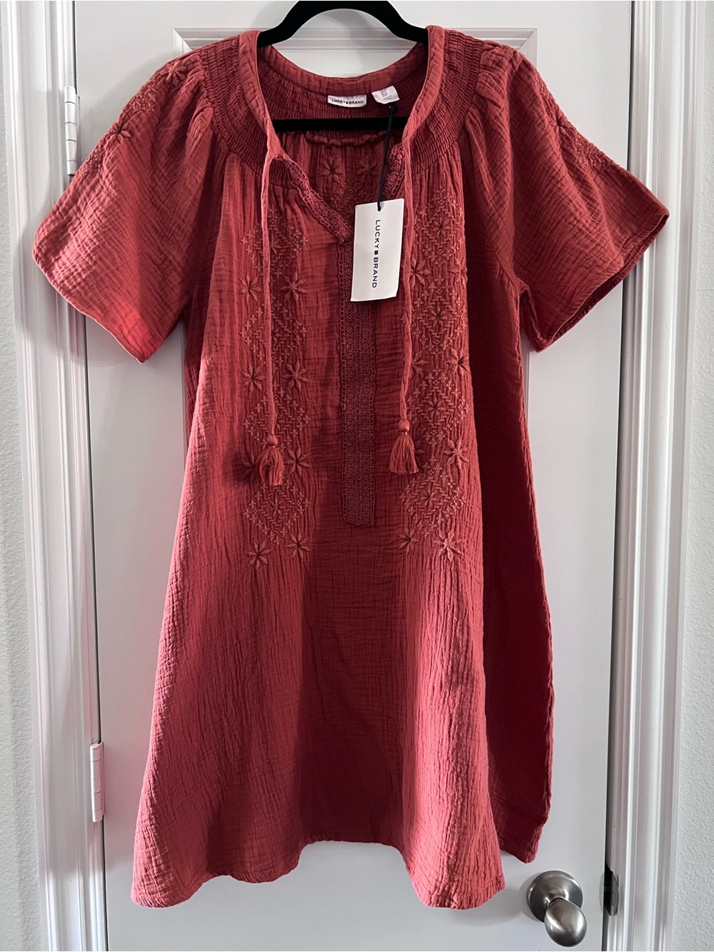 Lucky Brand Embroidered Dress in Deep Rust